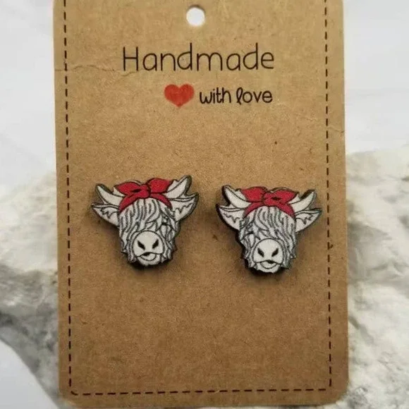 Western Highland Cow Wooden Stud Earrings - Picture 2 of 2
